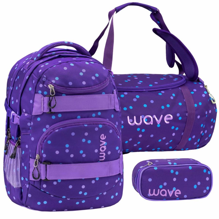 wave schulrucksack set purple dots 3teilig mit sporttasche und schlamper