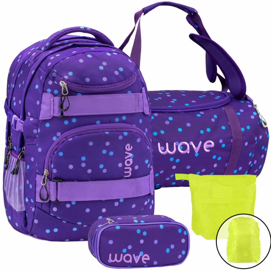wave schulrucksack set purple dots 4teilig mit sporttasche schlamper und regenschutz