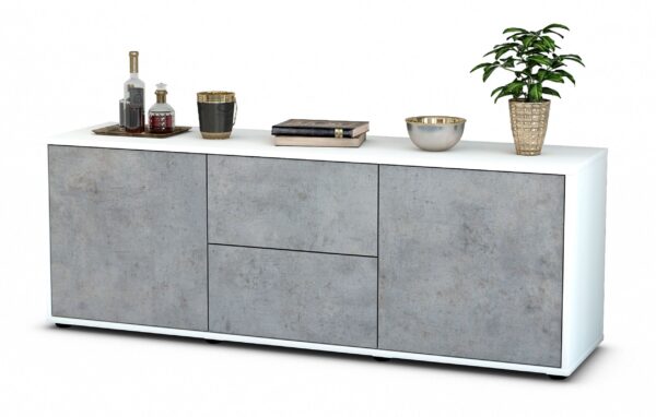Lowboard Alma | Korpus Weiß | Front in Beton Optik | 136x49x35cm (BxHxT)