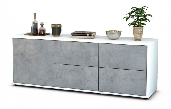 Lowboard Aloisia | Korpus Weiß | Front in Beton Optik | 136x49x35cm (BxHxT)