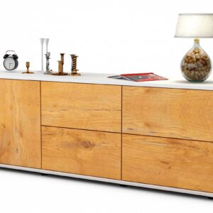 Lowboard Aloisia | Korpus Weiß | Front in Eiche Holz Optik | 136x49x35cm (BxHxT)