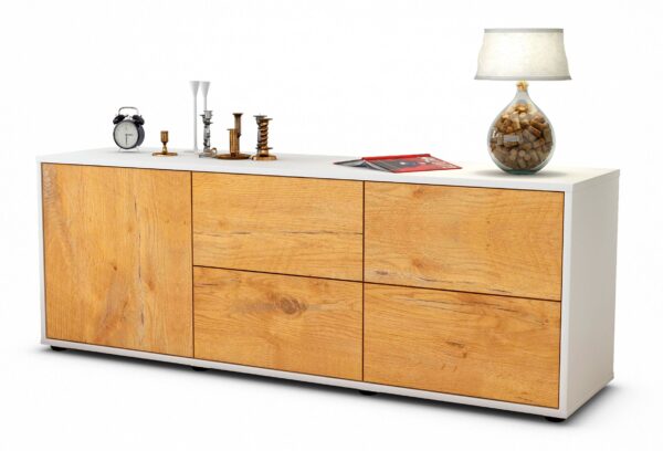 Lowboard Aloisia | Korpus Weiß | Front in Eiche Holz Optik | 136x49x35cm (BxHxT)