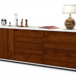 Lowboard Aloisia | Korpus Weiß | Front in Walnuss Holz Optik | 136x49x35cm (BxHxT)