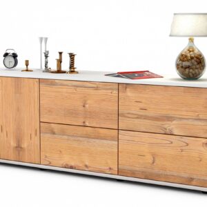 Lowboard Aloisia | Korpus Weiß | Front in Pinie Holz Optik | 136x49x35cm (BxHxT)