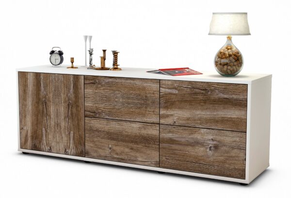 Lowboard Aloisia | Korpus Weiß | Front in Treibholz Holz Optik | 136x49x35cm (BxHxT)