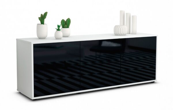 Lowboard Aloisia | Korpus Weiß | Front in Hochglanz Schwarz | 136x49x35cm (BxHxT)