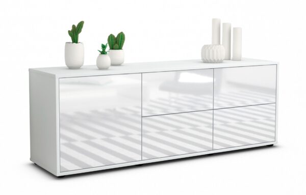 Lowboard Aloisia | Korpus Weiß | Front in Hochglanz Weiß | 136x49x35cm (BxHxT)