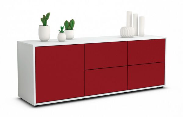 Lowboard Aloisia | Korpus Weiß | Front in Bordeaux | 136x49x35cm (BxHxT)