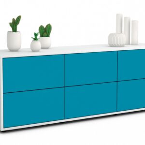 Lowboard Alva | Korpus Weiß | Front in Türkis | 136x49x35cm (BxHxT)