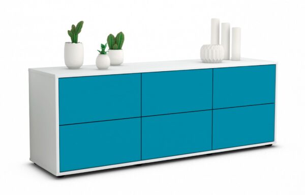 Lowboard Alva | Korpus Weiß | Front in Türkis | 136x49x35cm (BxHxT)