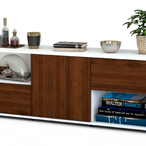 Lowboard Ambra | Korpus Weiß | Front in Walnuss Holz Optik | 136x49x35cm (BxHxT)