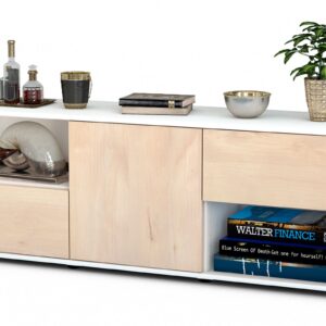 Lowboard Ambra | Korpus Weiß | Front in Zeder Holz Optik | 136x49x35cm (BxHxT)