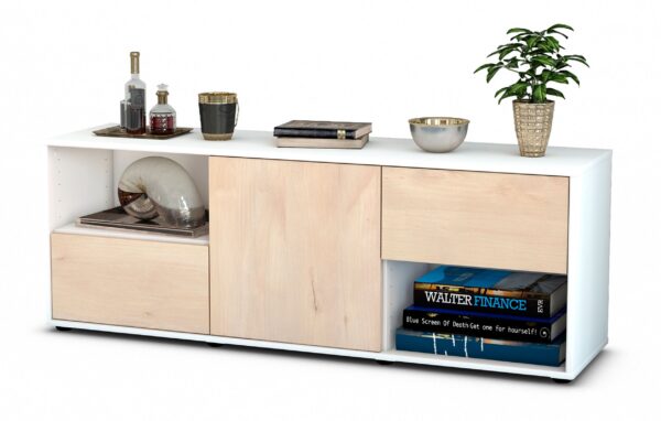 Lowboard Ambra | Korpus Weiß | Front in Zeder Holz Optik | 136x49x35cm (BxHxT)