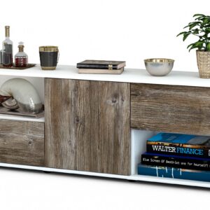 Lowboard Ambra | Korpus Weiß | Front in Treibholz Holz Optik | 136x49x35cm (BxHxT)