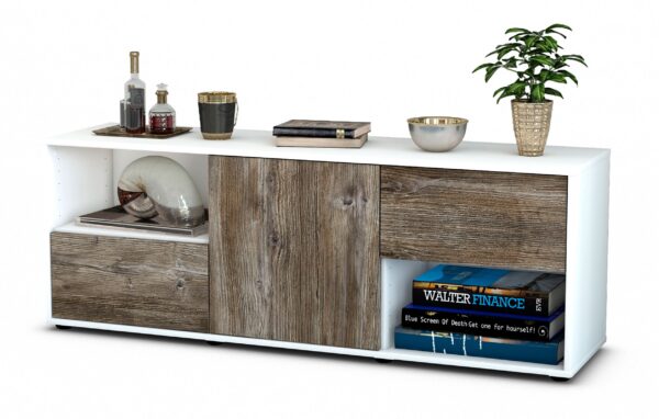 Lowboard Ambra | Korpus Weiß | Front in Treibholz Holz Optik | 136x49x35cm (BxHxT)