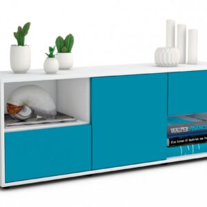 Lowboard Ambra | Korpus Weiß | Front in Türkis | 136x49x35cm (BxHxT)