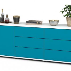Lowboard Amedea | Korpus Weiß | Front in Türkis | 136x49x35cm (BxHxT)