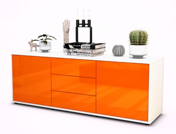 Lowboard Ameline | Korpus Weiß | Front in Hochglanz Orange | 136x49x35cm (BxHxT)
