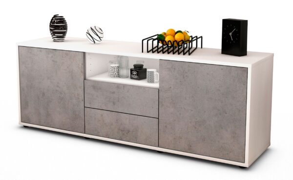 Lowboard Ameriga | Korpus Weiß | Front in Beton Optik | 136x49x35cm (BxHxT)