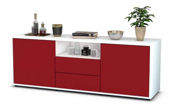 Lowboard Ameriga | Korpus Weiß | Front in Bordeaux | 136x49x35cm (BxHxT)