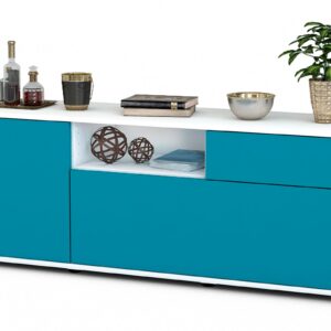 Lowboard Amila | Korpus Weiß | Front in Türkis | 136x49x35cm (BxHxT)