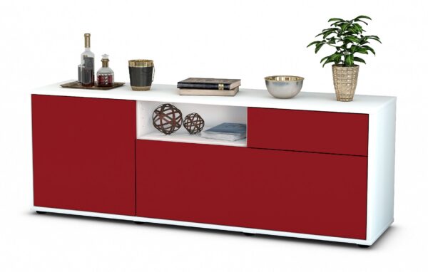 Lowboard Amila | Korpus Weiß | Front in Bordeaux | 136x49x35cm (BxHxT)