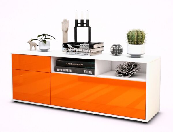 Lowboard Amisa | Korpus Weiß | Front in Hochglanz Orange | 136x49x35cm (BxHxT)