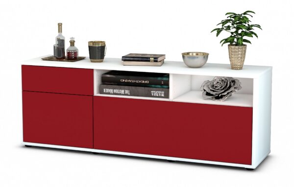 Lowboard Amisa | Korpus Weiß | Front in Bordeaux | 136x49x35cm (BxHxT)