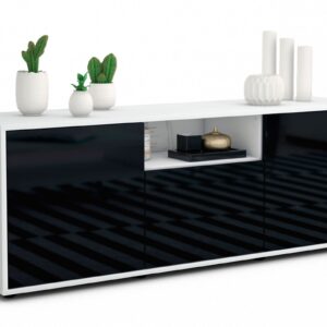 Lowboard Andreana | Korpus Weiß | Front in Hochglanz Schwarz | 136x49x35cm (BxHxT)