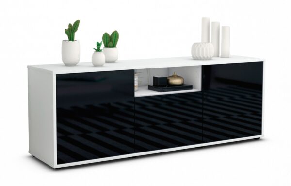 Lowboard Andreana | Korpus Weiß | Front in Hochglanz Schwarz | 136x49x35cm (BxHxT)