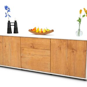 Lowboard Anella | Korpus Weiß | Front in Eiche Holz Optik | 136x49x35cm (BxHxT)