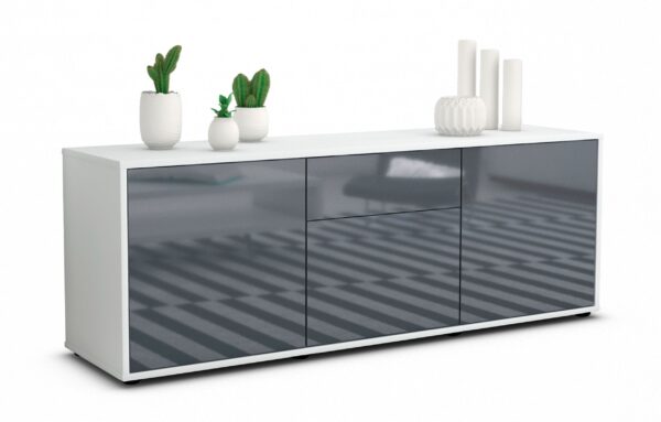 Lowboard Anella | Korpus Weiß | Front in Hochglanz Grau | 136x49x35cm (BxHxT)