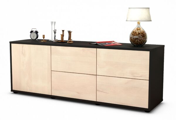 Lowboard Aloisia | Korpus Anthrazit | Front in Zeder Holz Optik | 136x49x35cm (BxHxT)