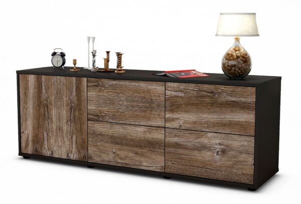 Lowboard Aloisia | Korpus Anthrazit | Front in Treibholz Holz Optik | 136x49x35cm (BxHxT)