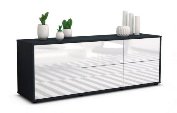 Lowboard Aloisia | Korpus Anthrazit | Front in Hochglanz Weiß | 136x49x35cm (BxHxT)