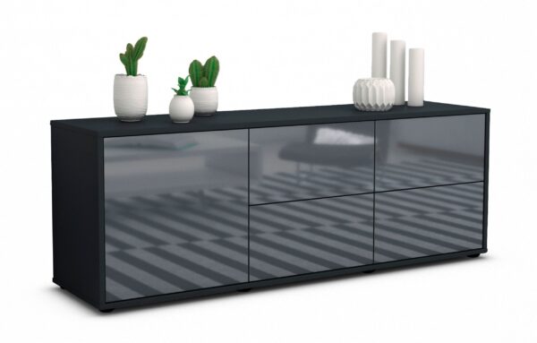 Lowboard Aloisia | Korpus Anthrazit | Front in Hochglanz Grau | 136x49x35cm (BxHxT)
