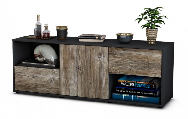 Lowboard Ambra | Korpus Anthrazit | Front in Treibholz Holz Optik | 136x49x35cm (BxHxT)