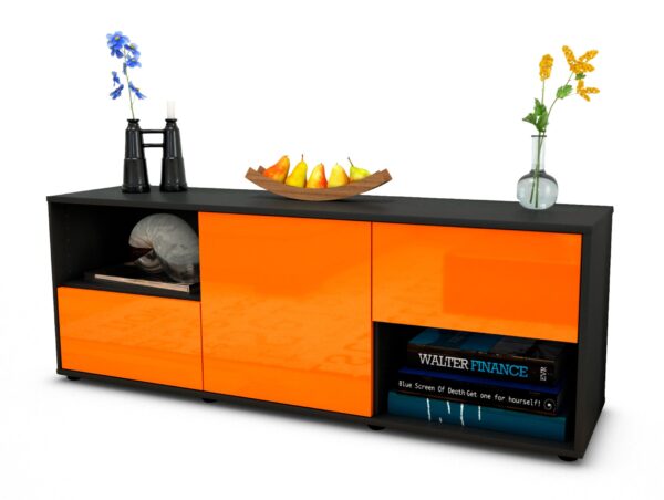 Lowboard Ambra | Korpus Anthrazit | Front in Hochglanz Orange | 136x49x35cm (BxHxT)