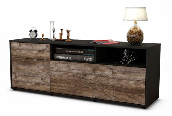 Lowboard Amisa | Korpus Anthrazit | Front in Treibholz Holz Optik | 136x49x35cm (BxHxT)