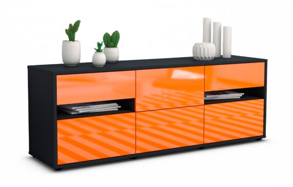 Lowboard Andrea | Korpus Anthrazit | Front in Hochglanz Orange | 136x49x35cm (BxHxT)