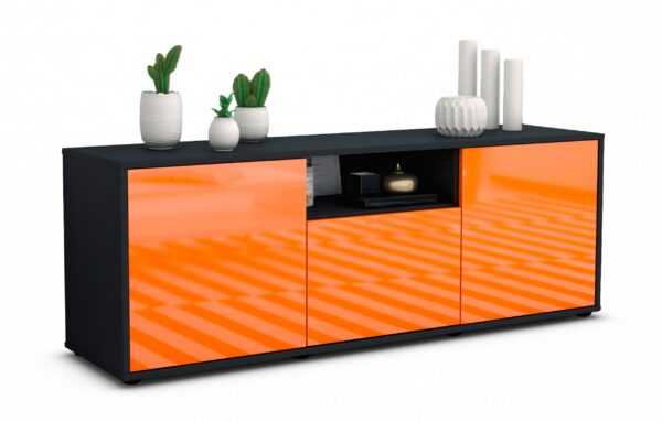 Lowboard Andreana | Korpus Anthrazit | Front in Hochglanz Orange | 136x49x35cm (BxHxT)