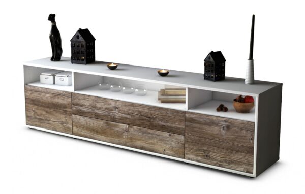 Lowboard Biancaneve | Korpus Weiß | Front in Treibholz Holz Optik | 180x49x35cm (BxHxT)
