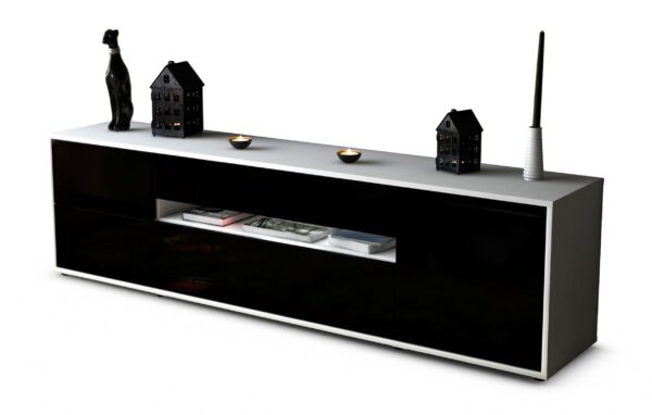 Lowboard Bjonda | Korpus Weiß | Front in Hochglanz Schwarz | 180x49x35cm (BxHxT)