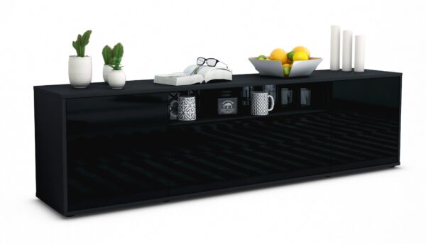 Lowboard Aurora | Korpus Anthrazit | Front in Hochglanz Schwarz | 180x49x35cm (BxHxT)