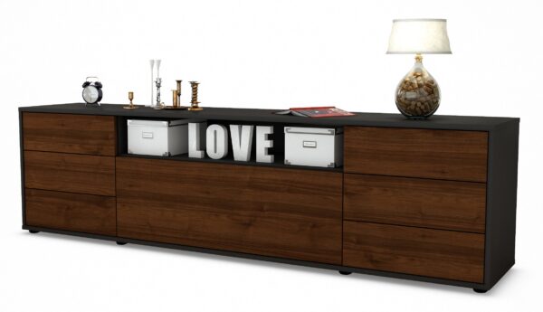 Lowboard Beatrice | Korpus Anthrazit | Front in Walnuss Holz Optik | 180x49x35cm (BxHxT)