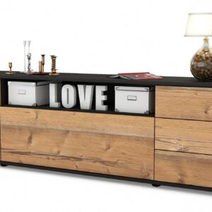 Lowboard Beatrice | Korpus Anthrazit | Front in Pinie Holz Optik | 180x49x35cm (BxHxT)