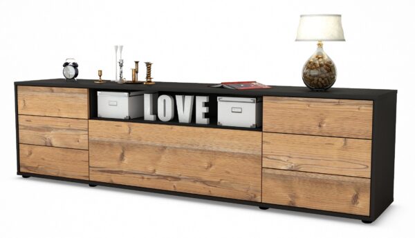 Lowboard Beatrice | Korpus Anthrazit | Front in Pinie Holz Optik | 180x49x35cm (BxHxT)