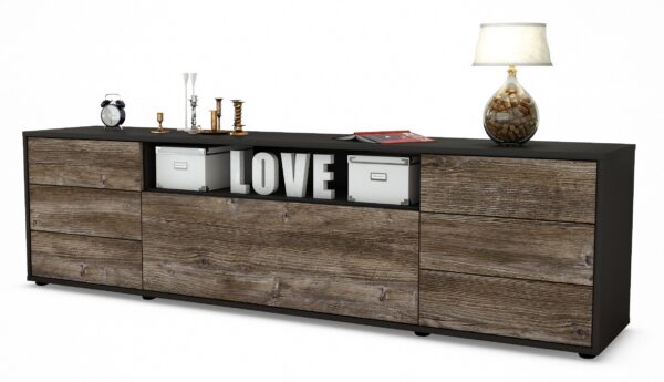 Lowboard Beatrice | Korpus Anthrazit | Front in Treibholz Holz Optik | 180x49x35cm (BxHxT)