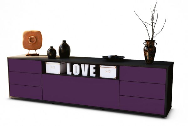 Lowboard Beatrice | Korpus Anthrazit | Front in Lila | 180x49x35cm (BxHxT)