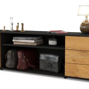 Lowboard Belinda | Korpus Anthrazit | Front in Eiche Holz Optik | 180x49x35cm (BxHxT)